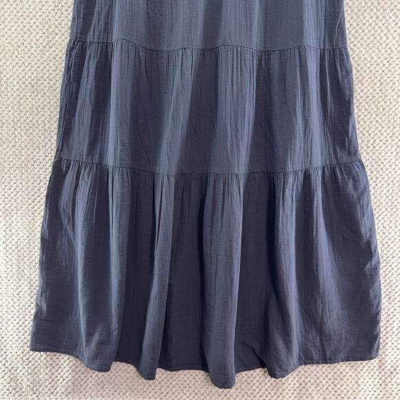 Quince Dress Womens XL Indigo Blue 100% Organic Cotton Gauze Tiered Maxi V-Neck - Picture 4 of 9